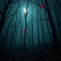 A chilling, creepy forest filled with long, gnarled trees that stretch high into the misty night sky