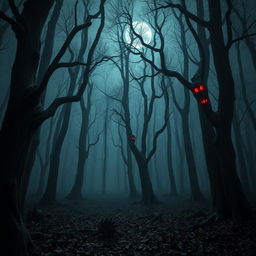 A chilling, creepy forest filled with long, gnarled trees that stretch high into the misty night sky