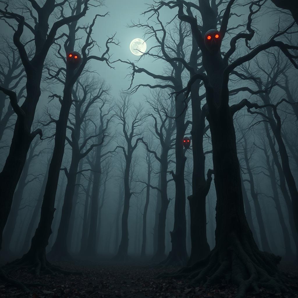 A creepy forest filled with tall, gnarled trees that stretch menacingly towards the overcast sky