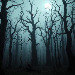 A creepy forest filled with tall, gnarled trees that stretch menacingly towards the overcast sky
