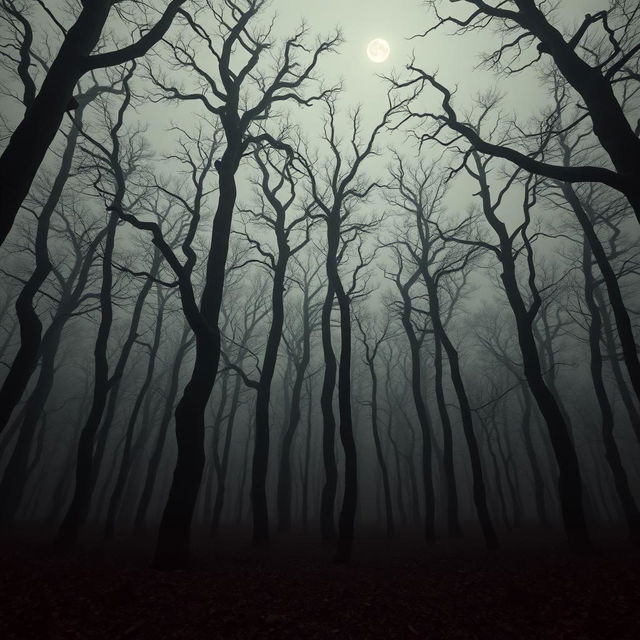 A creepy forest filled with tall, gnarled trees that stretch menacingly towards the overcast sky