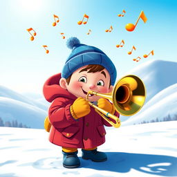 A cartoon character resembling a young boy with a chubby face, dressed in a red parka, blue hat, and yellow mittens, playing a shiny brass trombone