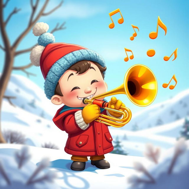 A cartoon character resembling a young boy with a chubby face, dressed in a red parka, blue hat, and yellow mittens, playing a shiny brass trombone