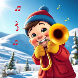 A cartoon character resembling a young boy with a chubby face, dressed in a red parka, blue hat, and yellow mittens, playing a shiny brass trombone