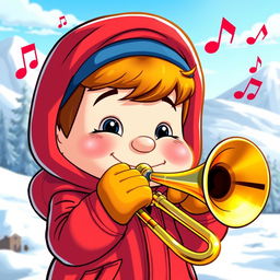 A cartoon character resembling a young boy with a chubby face, dressed in a red parka, blue hat, and yellow mittens, playing a shiny brass trombone