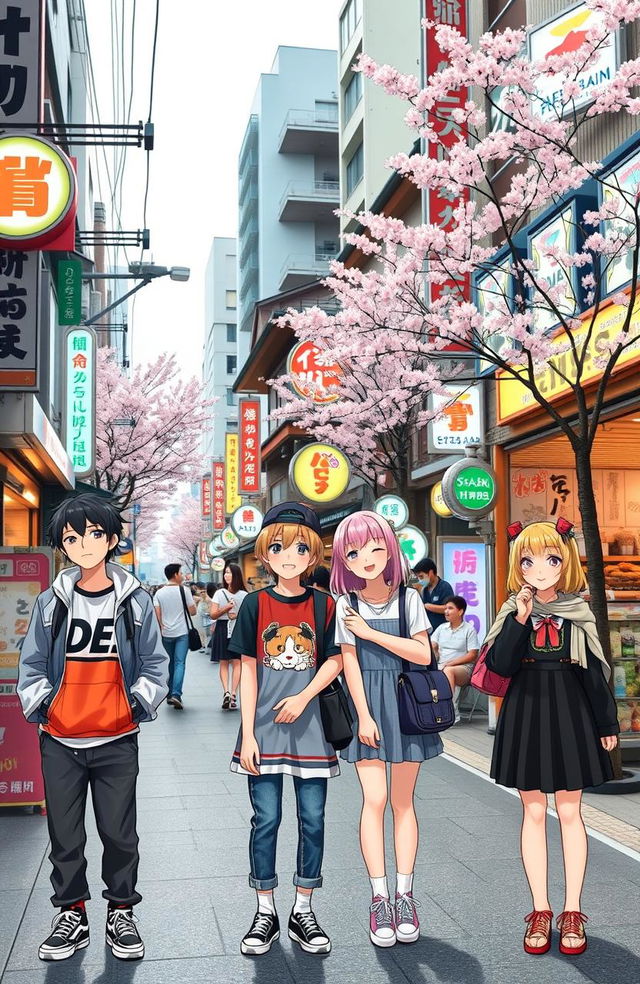 A vibrant street scene in Japan featuring two boys and two girls