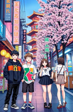 A vibrant street scene in Japan featuring two boys and two girls