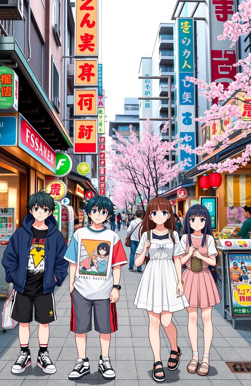 A vibrant street scene in Japan featuring two boys and two girls