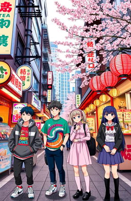 A vibrant street scene in Japan featuring two boys and two girls