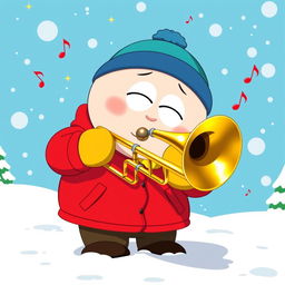 A cartoon character resembling Eric Cartman from a popular animated show, depicted as a plump young boy with a round face, wearing his iconic red jacket, yellow mittens, and a blue hat