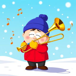 A cartoon character resembling Eric Cartman from a popular animated show, depicted as a plump young boy with a round face, wearing his iconic red jacket, yellow mittens, and a blue hat