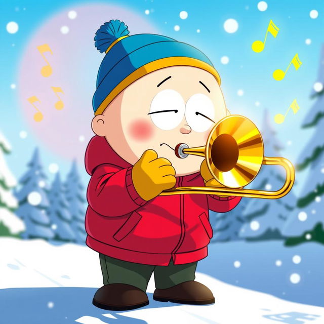 A cartoon character resembling Eric Cartman from a popular animated show, depicted as a plump young boy with a round face, wearing his iconic red jacket, yellow mittens, and a blue hat