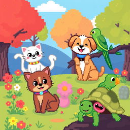 A vibrant pixel art scene featuring various adorable animals