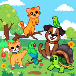 A vibrant pixel art scene featuring various adorable animals