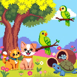 A vibrant pixel art scene featuring various adorable animals