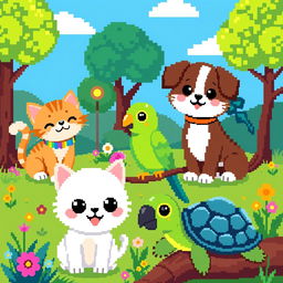 A vibrant pixel art scene featuring various adorable animals