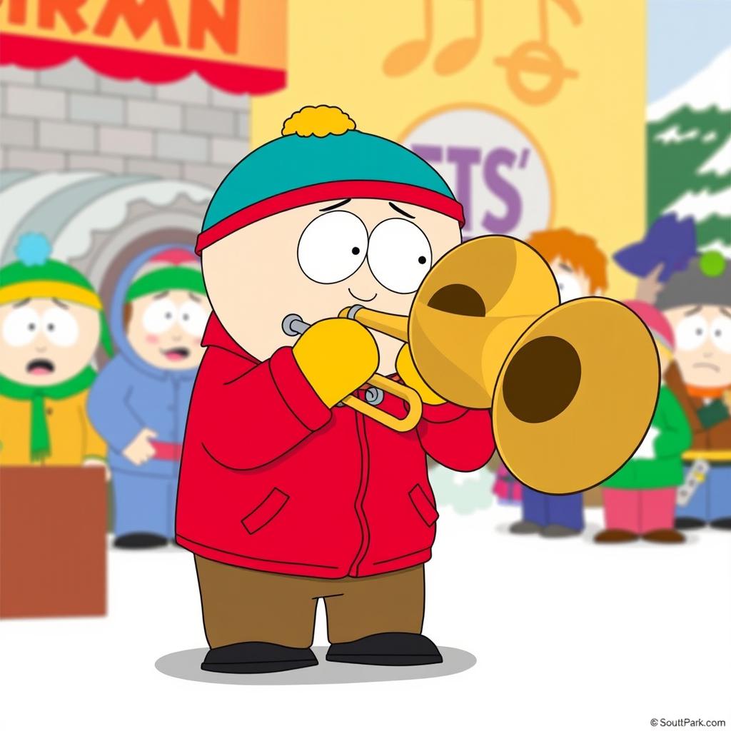 A cartoon-style illustration of Eric Cartman from South Park, humorously playing a large trombone