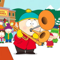 A cartoon-style illustration of Eric Cartman from South Park, humorously playing a large trombone