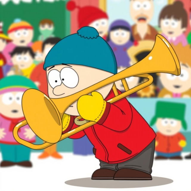 A cartoon-style illustration of Eric Cartman from South Park, humorously playing a large trombone