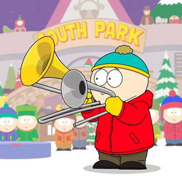 A cartoon-style illustration of Eric Cartman from South Park, humorously playing a large trombone