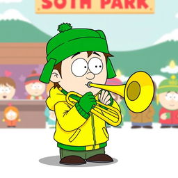 A cartoon-style illustration of Kyle Broflovski from South Park, animatedly playing a bright green trombone