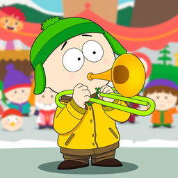 A cartoon-style illustration of Kyle Broflovski from South Park, animatedly playing a bright green trombone