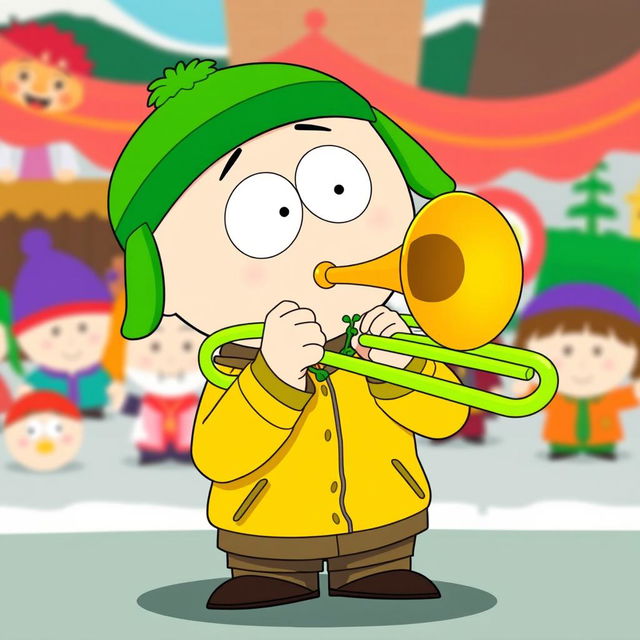 A cartoon-style illustration of Kyle Broflovski from South Park, animatedly playing a bright green trombone