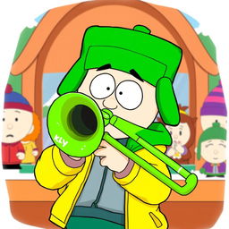 A cartoon-style illustration of Kyle Broflovski from South Park, animatedly playing a bright green trombone