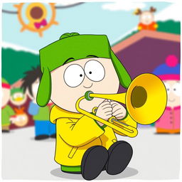 A cartoon-style illustration of Kyle Broflovski from South Park, animatedly playing a bright green trombone