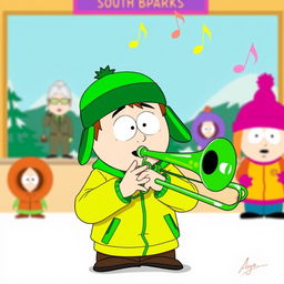 A cartoon-style illustration of Kyle Broflovski from South Park, enthusiastically playing a shiny green trombone