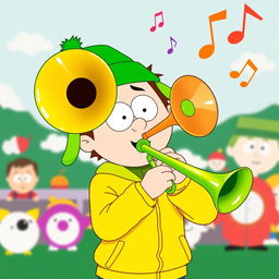 A cartoon-style illustration of Kyle Broflovski from South Park, enthusiastically playing a shiny green trombone