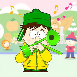 A cartoon-style illustration of Kyle Broflovski from South Park, enthusiastically playing a shiny green trombone