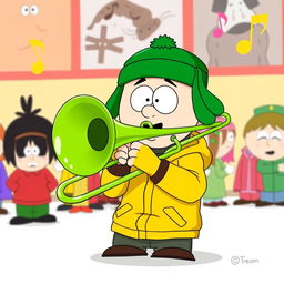 A cartoon-style illustration of Kyle Broflovski from South Park, enthusiastically playing a shiny green trombone