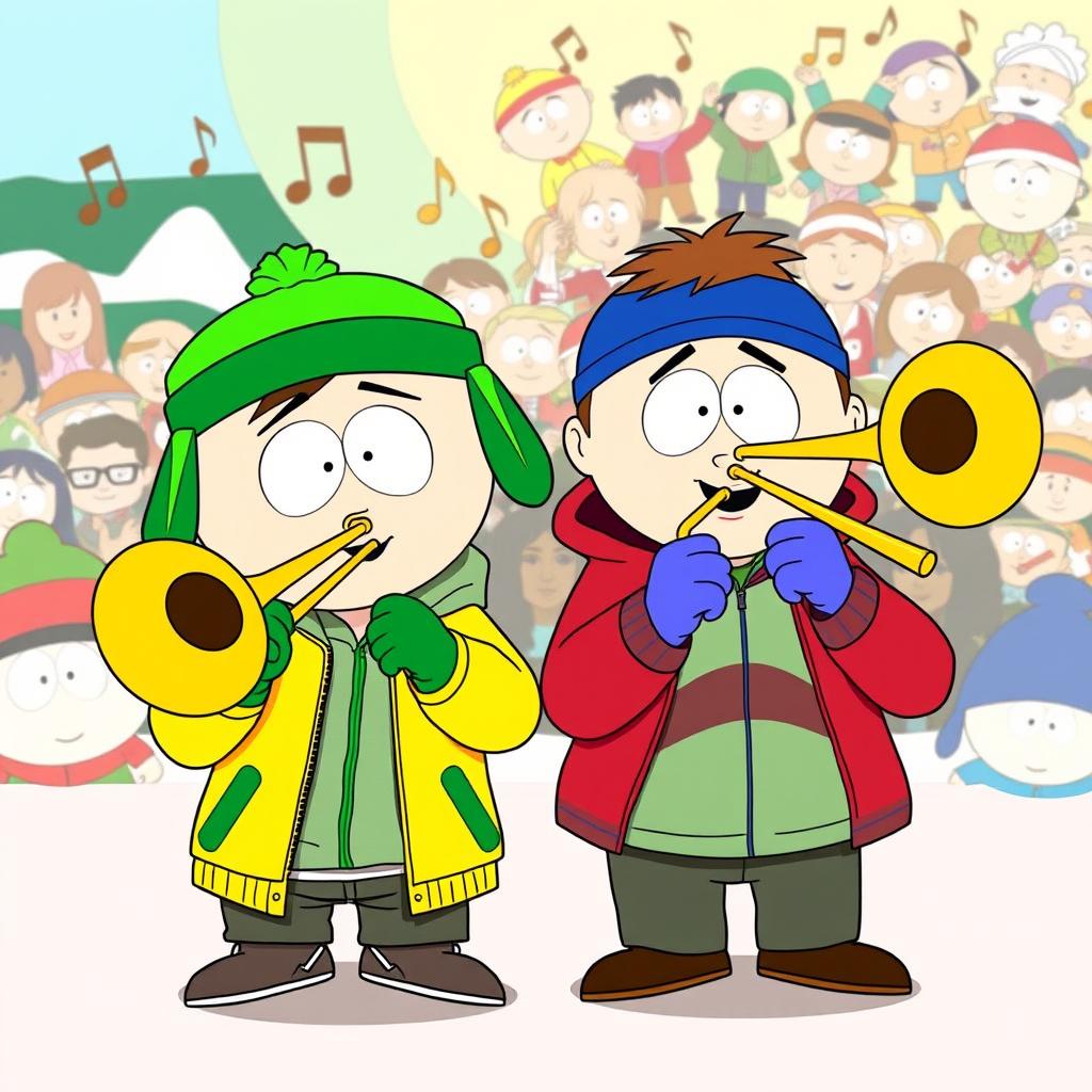 A cartoon-style illustration featuring Kyle Broflovski and Stan Marsh from South Park, both joyfully playing trombones