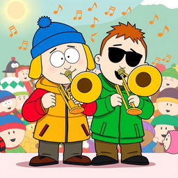 A cartoon-style illustration featuring Kyle Broflovski and Stan Marsh from South Park, both joyfully playing trombones