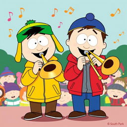 A cartoon-style illustration featuring Kyle Broflovski and Stan Marsh from South Park, both joyfully playing trombones