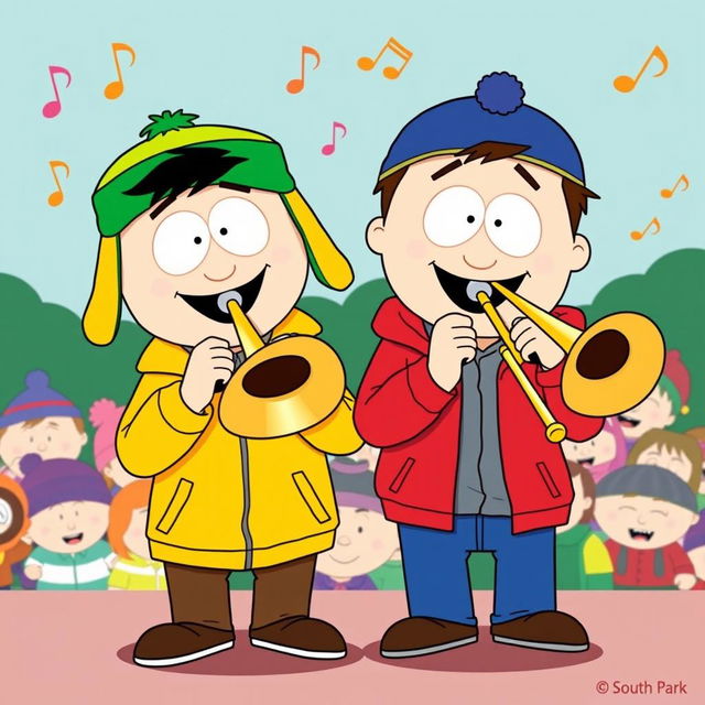 A cartoon-style illustration featuring Kyle Broflovski and Stan Marsh from South Park, both joyfully playing trombones