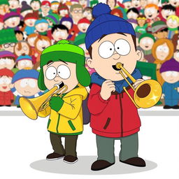 A cartoon-style illustration featuring Kyle Broflovski and Stan Marsh from South Park, both joyfully playing trombones