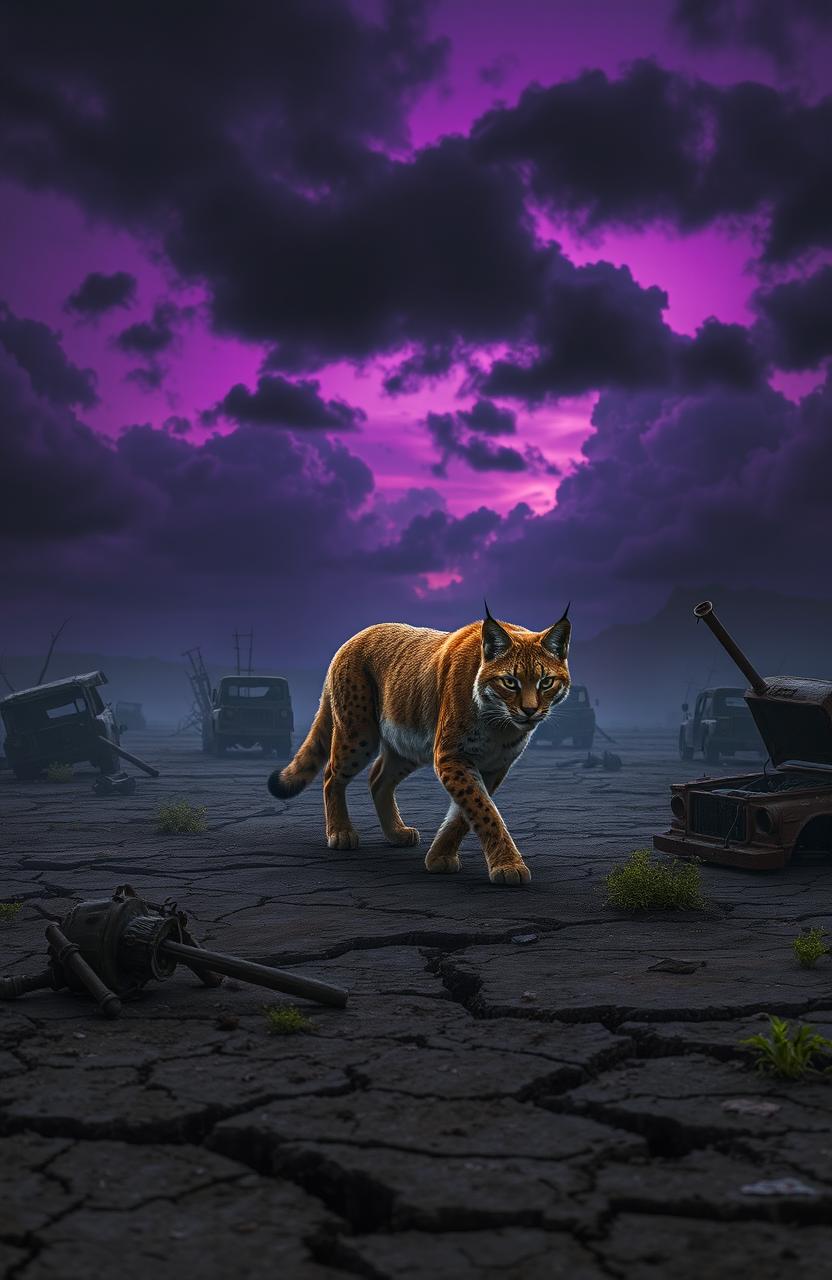 A solitary lynx traversing a desolate radioactive wasteland, its fur slightly illuminated by the eerie glow of nuclear fallout