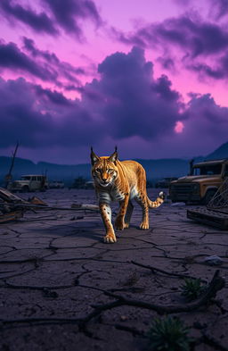 A solitary lynx traversing a desolate radioactive wasteland, its fur slightly illuminated by the eerie glow of nuclear fallout