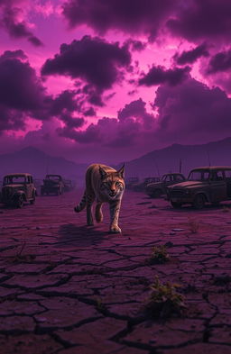 A solitary lynx traversing a desolate radioactive wasteland, its fur slightly illuminated by the eerie glow of nuclear fallout