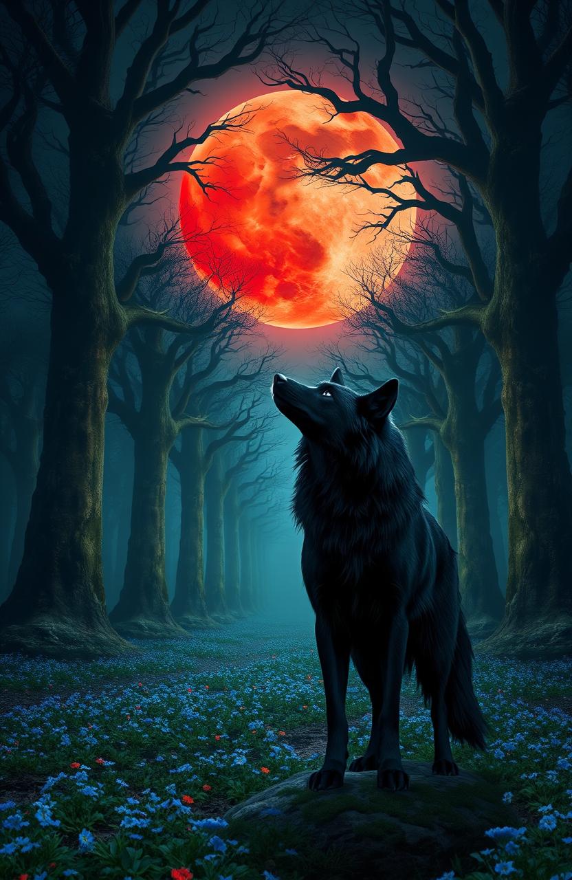 A mystical, magical forest illuminated by a blood moon rising in the night sky