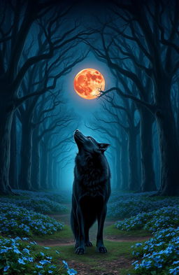 A mystical, magical forest illuminated by a blood moon rising in the night sky