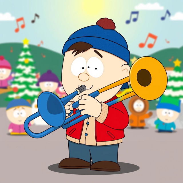 A cartoon-style illustration of Stan Marsh from South Park, energetically playing a classic blue trombone