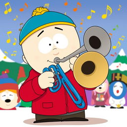 A cartoon-style illustration of Stan Marsh from South Park, energetically playing a classic blue trombone