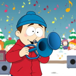 A cartoon-style illustration of Stan Marsh from South Park, energetically playing a classic blue trombone