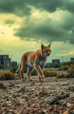 A solitary lynx gracefully traversing a desolate radioactive wasteland, showcasing the stark contrast between its vibrant fur and the muted, toxic landscape