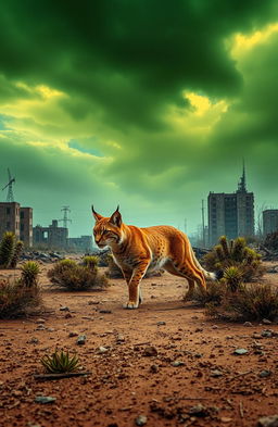 A solitary lynx gracefully traversing a desolate radioactive wasteland, showcasing the stark contrast between its vibrant fur and the muted, toxic landscape