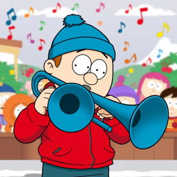 A cartoon-style illustration of Stan Marsh from South Park, energetically playing a classic blue trombone