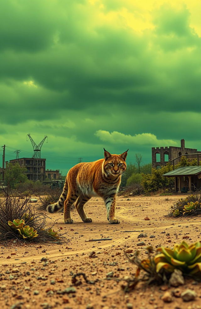 A solitary lynx gracefully traversing a desolate radioactive wasteland, showcasing the stark contrast between its vibrant fur and the muted, toxic landscape